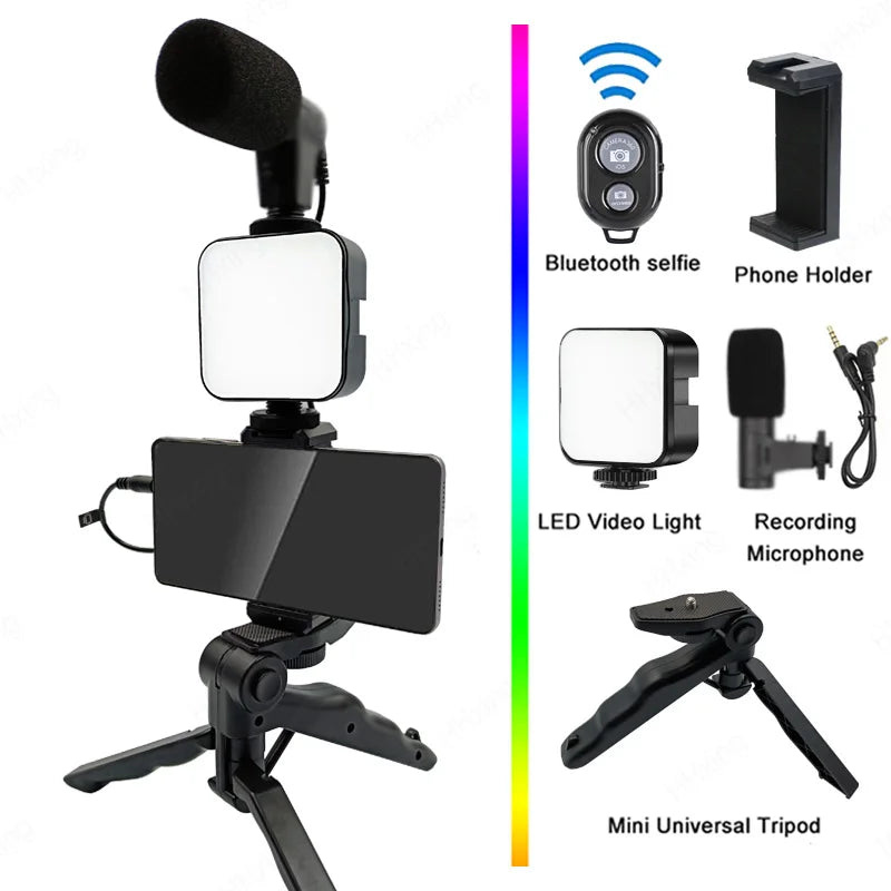Smartphone Video Kit with Tripod, LED Light & Microphone – Portable Phone Holder & Stabilizer for Recording & Vlogging