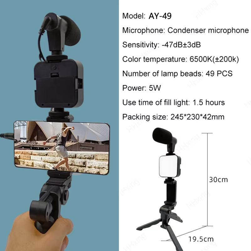 Smartphone Video Kit with Tripod, LED Light & Microphone – Portable Phone Holder & Stabilizer for Recording & Vlogging