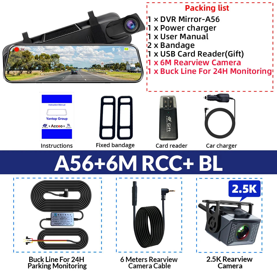 10'' 3K+2.5K DVR Mirror Dash Cam with Night Vision, GPS & WiFi – Optional Rear Camera & 24H Parking Monitor
