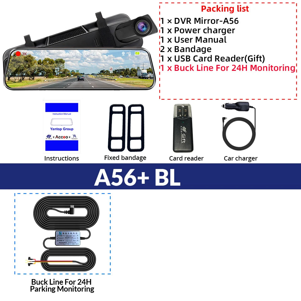 10'' 3K+2.5K DVR Mirror Dash Cam with Night Vision, GPS & WiFi – Optional Rear Camera & 24H Parking Monitor