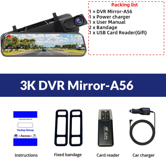 10'' 3K+2.5K DVR Mirror Dash Cam with Night Vision, GPS & WiFi – Optional Rear Camera & 24H Parking Monitor