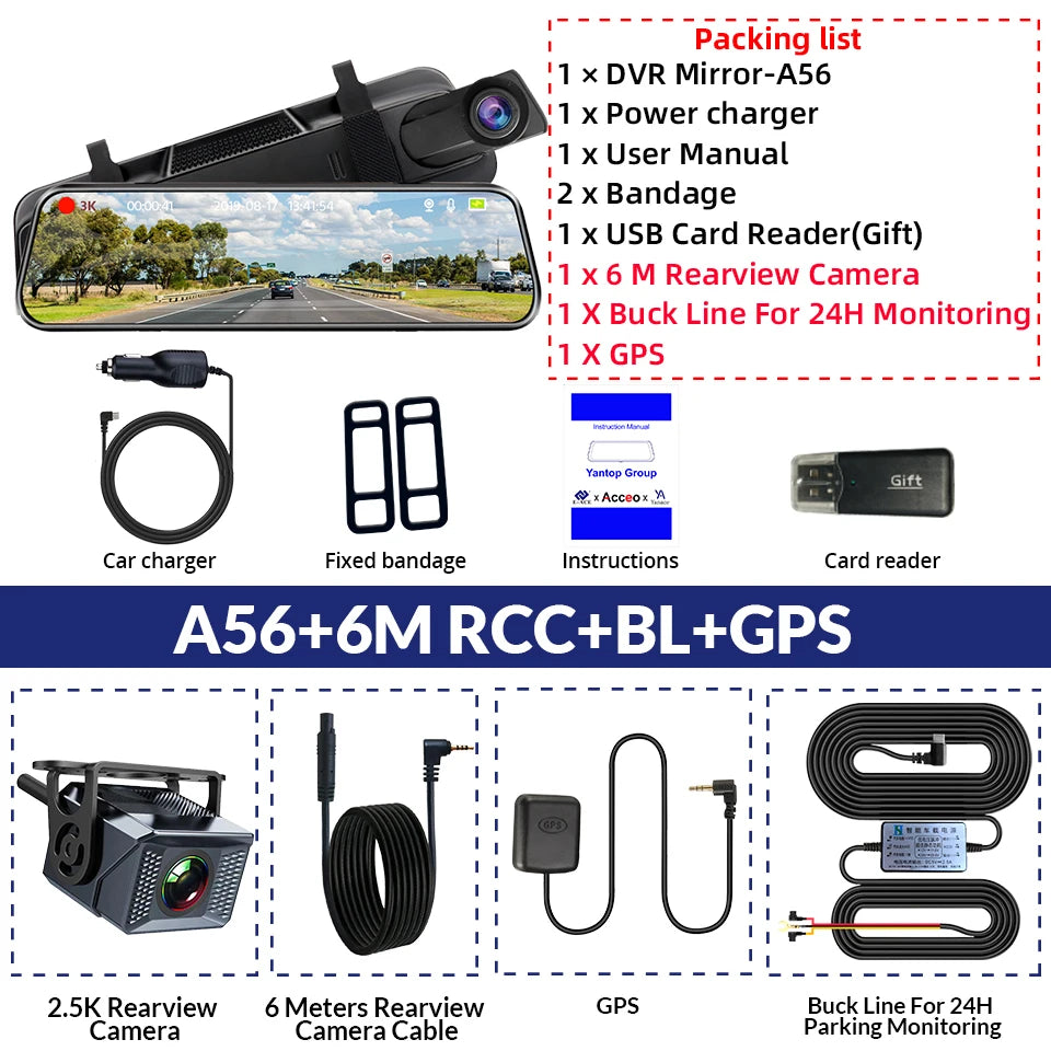 10'' 3K+2.5K DVR Mirror Dash Cam with Night Vision, GPS & WiFi – Optional Rear Camera & 24H Parking Monitor