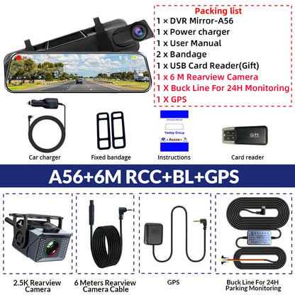 10'' 3K+2.5K DVR Mirror Dash Cam with Night Vision, GPS & WiFi – Optional Rear Camera & 24H Parking Monitor
