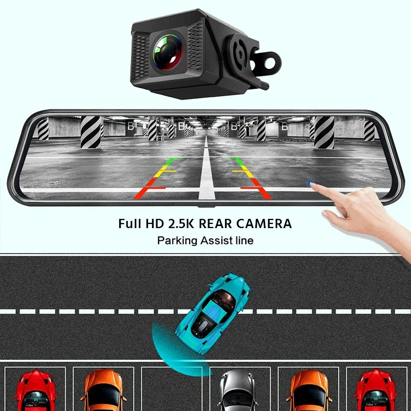 10'' 3K+2.5K DVR Mirror Dash Cam with Night Vision, GPS & WiFi – Optional Rear Camera & 24H Parking Monitor
