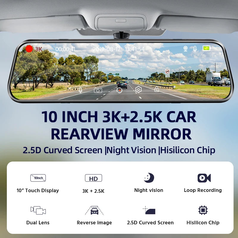 10'' 3K+2.5K DVR Mirror Dash Cam with Night Vision, GPS & WiFi – Optional Rear Camera & 24H Parking Monitor