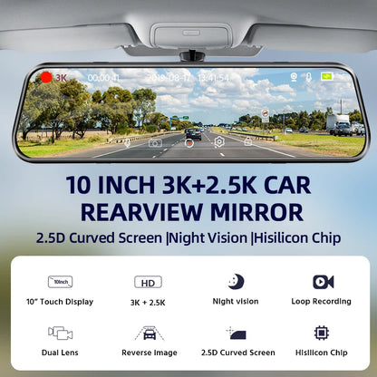 10'' 3K+2.5K DVR Mirror Dash Cam with Night Vision, GPS & WiFi – Optional Rear Camera & 24H Parking Monitor
