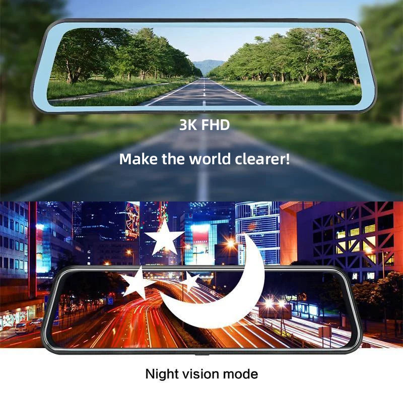 10'' 3K+2.5K DVR Mirror Dash Cam with Night Vision, GPS & WiFi – Optional Rear Camera & 24H Parking Monitor
