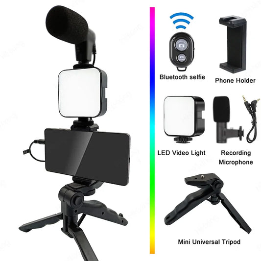 Smartphone Video Kit with Tripod, LED Light & Microphone – Portable Phone Holder & Stabilizer for Recording & Vlogging