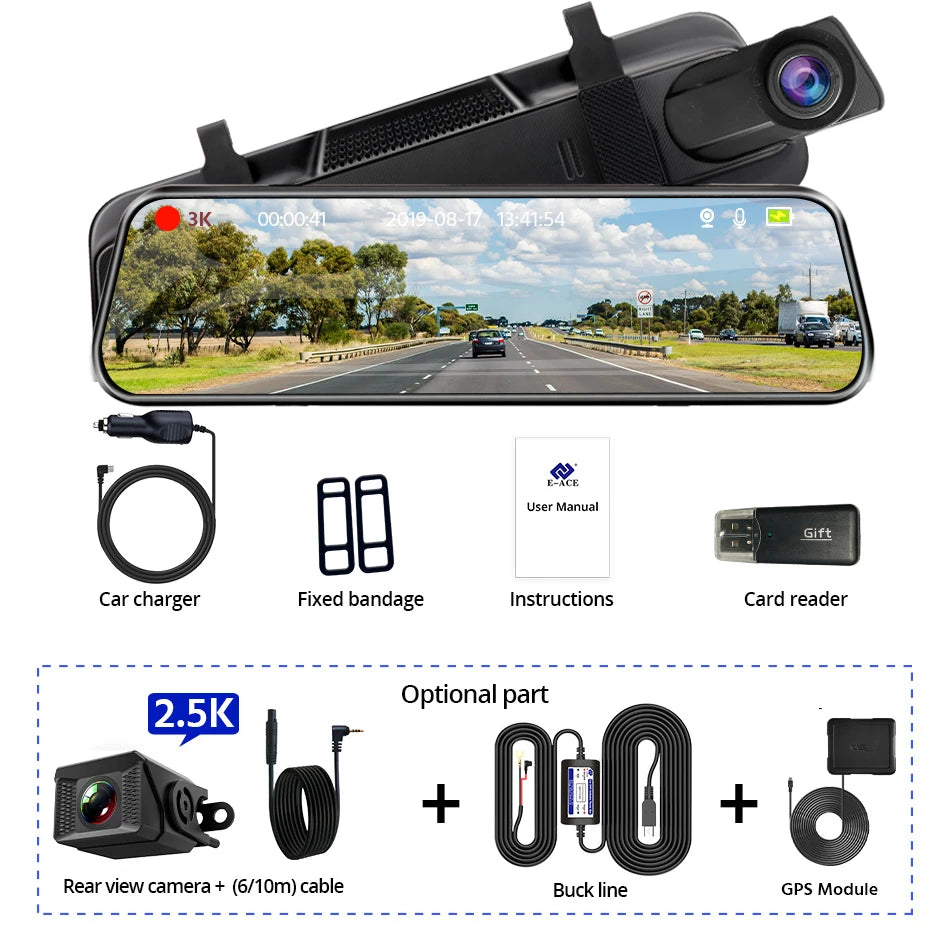 10'' 3K+2.5K DVR Mirror Dash Cam with Night Vision, GPS & WiFi – Optional Rear Camera & 24H Parking Monitor