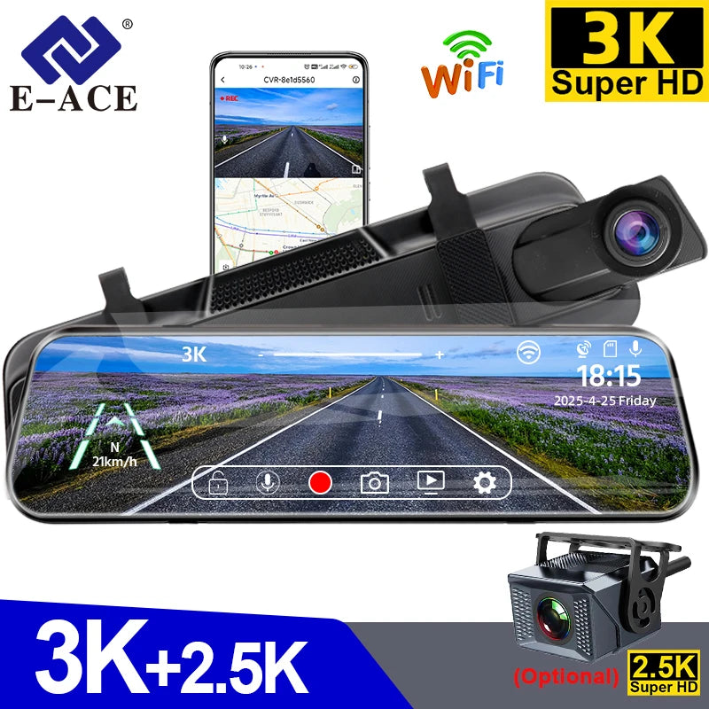 10'' 3K+2.5K DVR Mirror Dash Cam with Night Vision, GPS & WiFi – Optional Rear Camera & 24H Parking Monitor