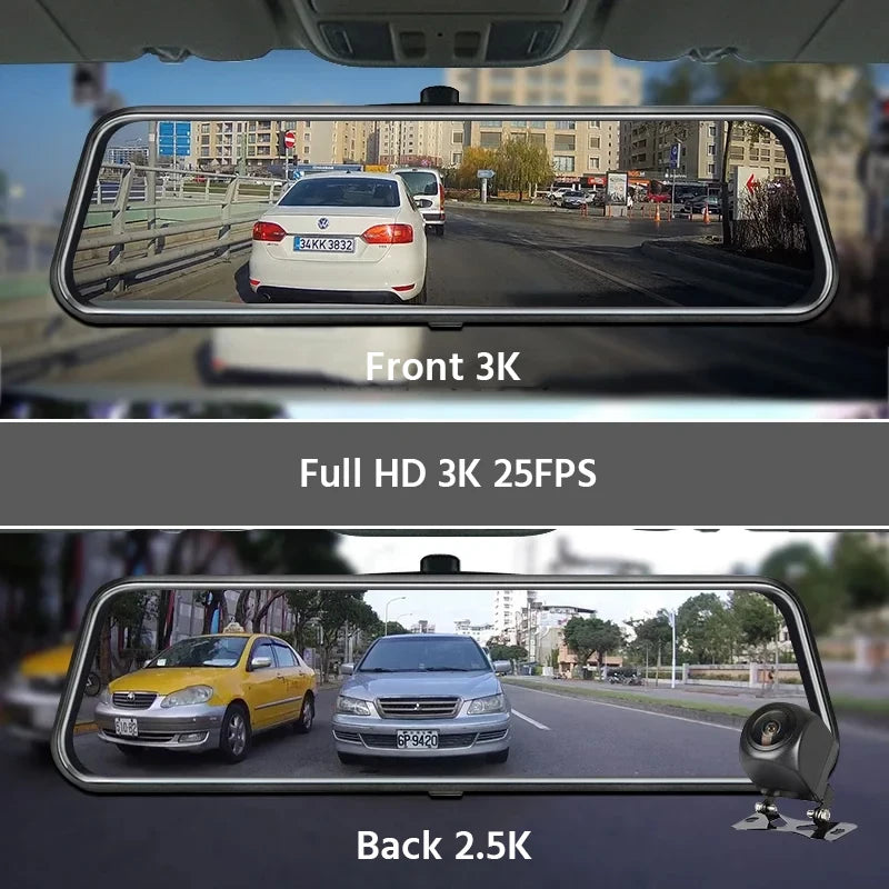10'' 3K+2.5K DVR Mirror Dash Cam with Night Vision, GPS & WiFi – Optional Rear Camera & 24H Parking Monitor